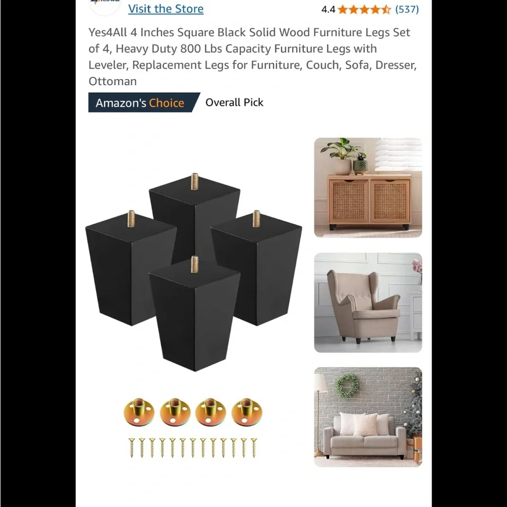 Square black solid wood furniture legs set of 4
